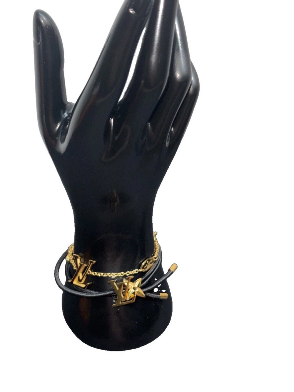 Louis Vuitton Black Leather Wrap Bracelet with Gold LV Charms and Chain